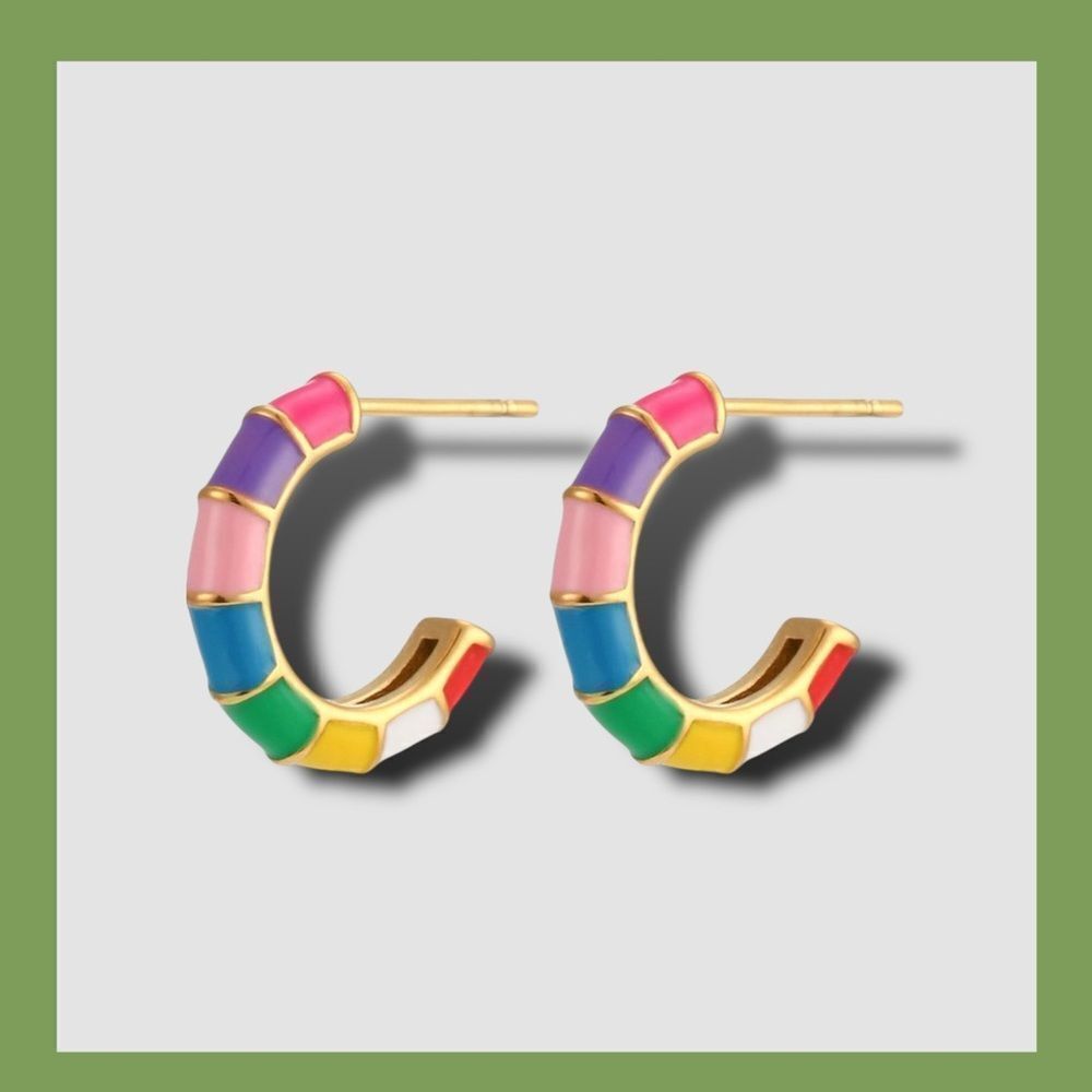 Multicolor Ceramic Mini Hoop Huggie Earring Colorblock Design NIB 18kgold plated